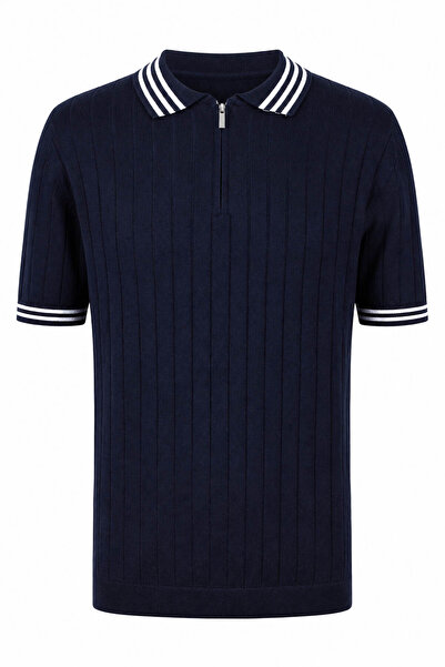 trender Half Zipper White-Navy Blue Men's Polo Collar T-Shirt 17434