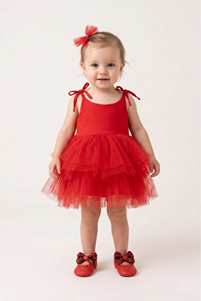Le Mabelle Baby Girl Ballerina Dress with Red Tutu Skirt and Straps - Jade
