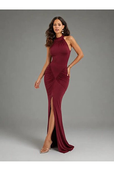 Cool & Sexy Burgundy Draped Slit Maxi Dress