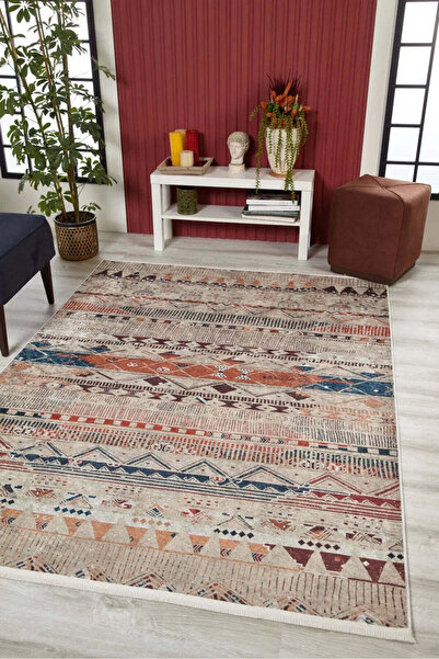 halinet Halı.Net Beige Ethnic Bohemian Washable Non-Slip Living Room Carpet H...