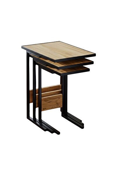 VEYSEL WOODWORKİNG Metal Ayaklı 3'lü Zigon Sehpa Orta Sehpa - Atlantik çam- S...