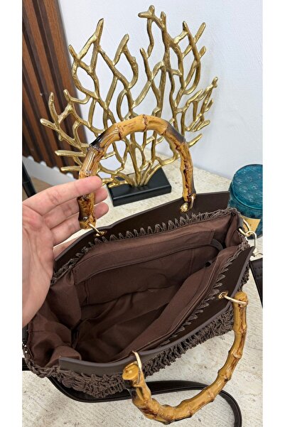 MEYSADESİGN Bambu Saplı Hasır Çanta Acı Kahve - CNT1115