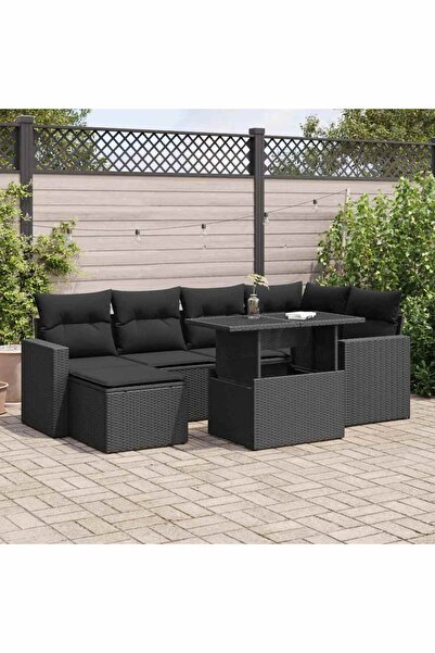 vidaxl Set canapele de gradina cu perne, 7 piese, negru, poliratan