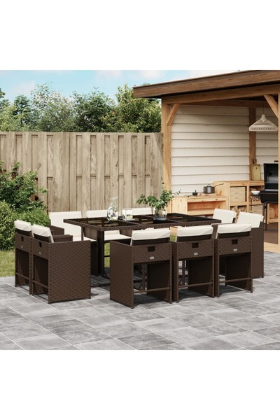 vidaxl Set mobilier de gradina cu perne, 11 piese, maro, poliratan