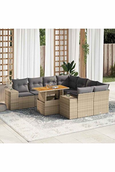 vidaxl Set canapele de gradina, 9 piese, cu perne, bej, poliratan