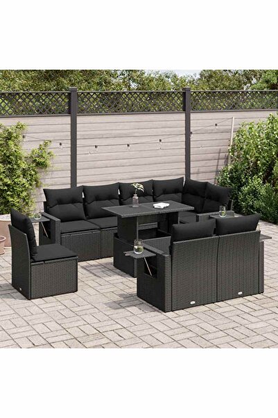 vidaxl Set mobilier de gradina cu perne, 9 piese, negru, poliratan