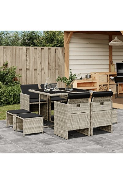vidaxl Set mobilier gradina cu perne, 9 piese, gri deschis, poliratan