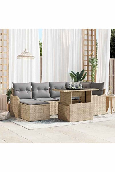vidaxl Set de canapele pentru gradina cu perna 7 pcs Bej Rattan poli