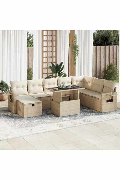 vidaxl Set canapele de gradina, 9 piese, cu perne, bej, poliratan