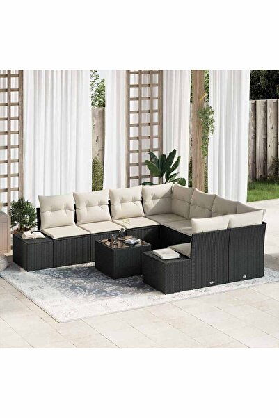 vidaxl Set de canapele pentru gradina cu perna 9 pcs Negru poliratan