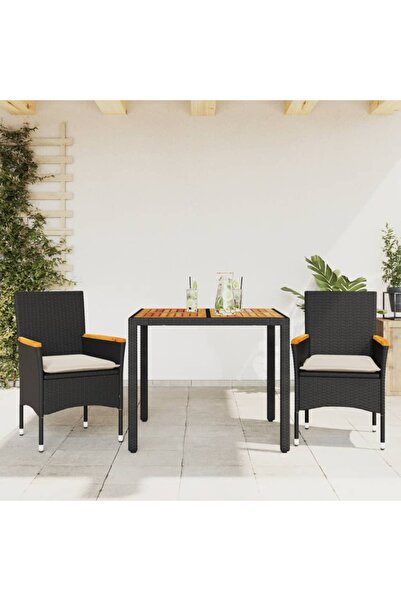 vidaxl Set mobilier gradina perne 3 piese negru poliratan/lemn acacia