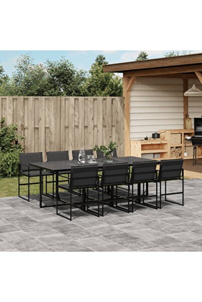 vidaxl Set mobilier de gradina, 9 piese, cu perne, negru, textilena