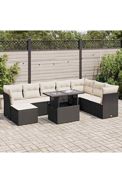 vidaxl Set mobilier de gradina cu perne, 9 piese, negru, poliratan