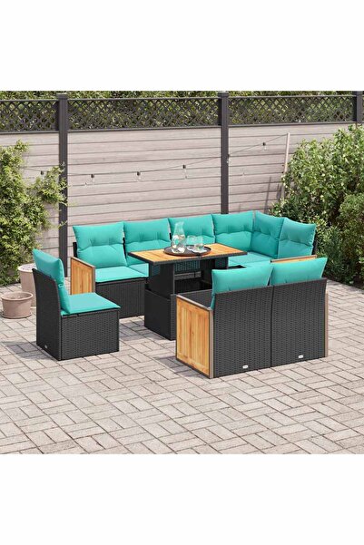 vidaxl Set mobilier gradina perne 9 piese negru poliratan/lemn acacia
