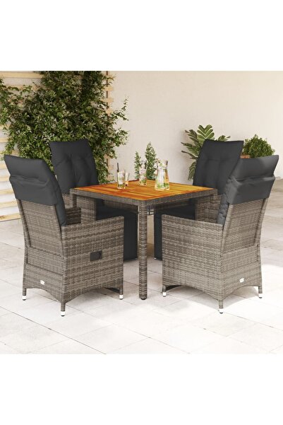 vidaxl Set bistro de gradina cu perne, 5 piese, gri, poliratan