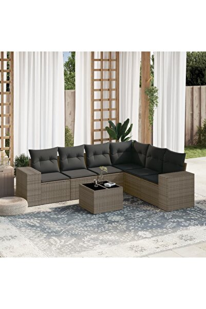 vidaxl Set canapele de gradina, 7 piese, cu perne, gri, poliratan