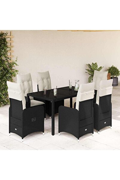 vidaxl Set bistro de gradina, 7 piese, cu perne, negru, poliratan