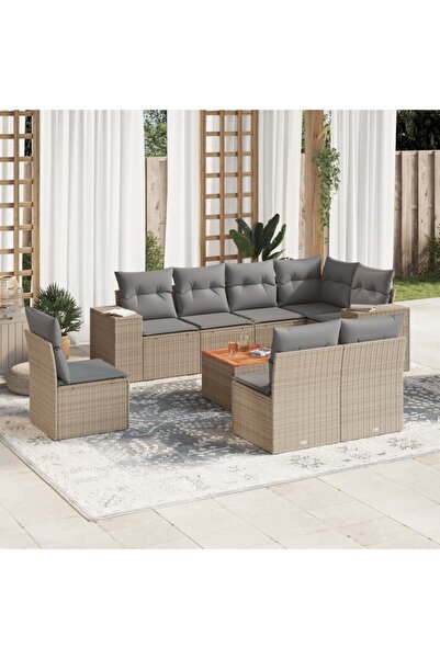 vidaxl Set canapele de gradina, 9 piese, cu perne, bej, poliratan