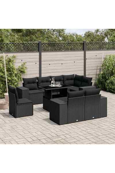 vidaxl Set mobilier de gradina cu perne, 9 piese, negru, poliratan