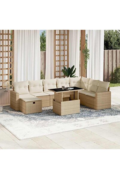 vidaxl Set canapele de gradina, 9 piese, cu perne, bej, poliratan