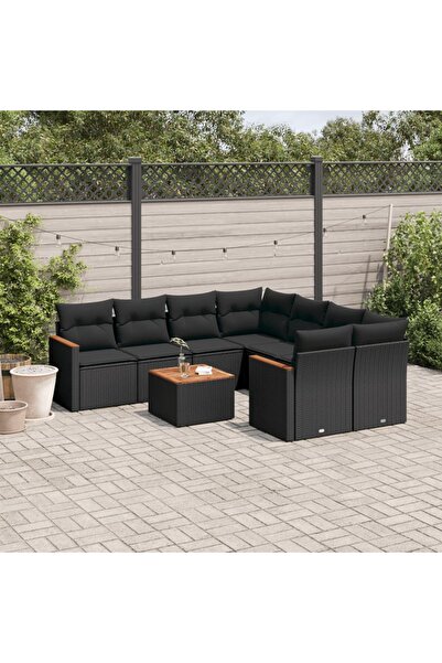 vidaxl Set mobilier de gradina cu perne, 9 piese, negru, poliratan