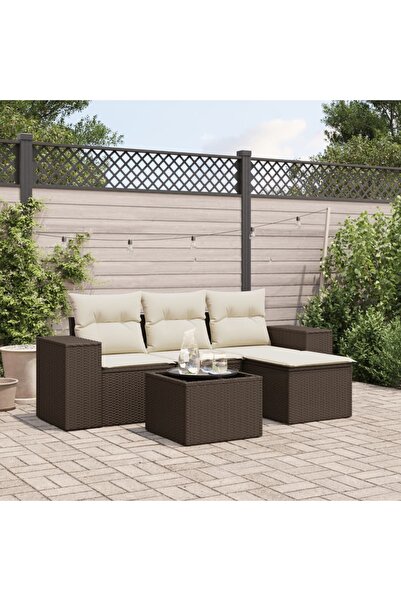 vidaxl Set canapele de gradina cu perne, 5 piese, maro, poliratan