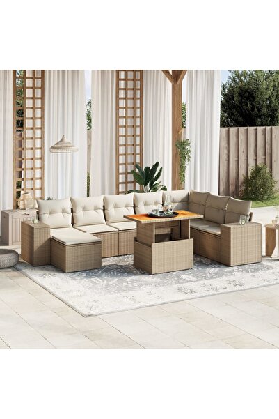 vidaxl Set canapele de gradina, 9 piese, cu perne, bej, poliratan