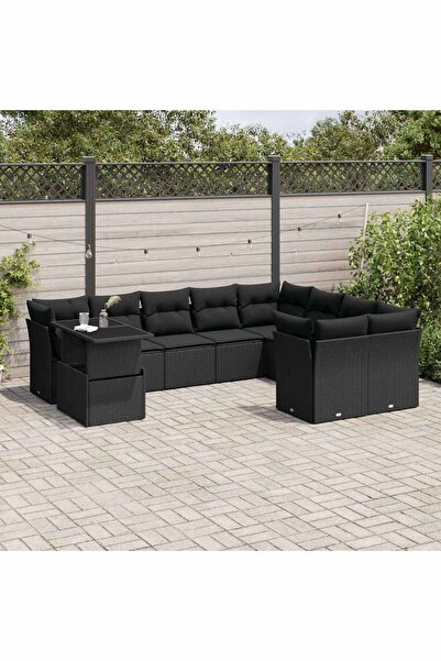 vidaxl Set canapele de gradina cu perne, 10 piese, negru, poliratan
