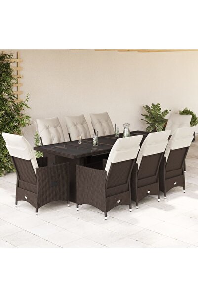 vidaxl Set bistro de gradina cu perne, 9 piese, maro, poliratan