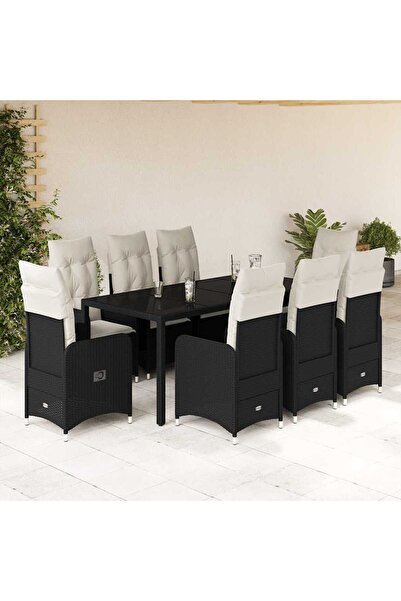 vidaxl Set bistro de gradina, 9 piese, cu perne, negru, poliratan