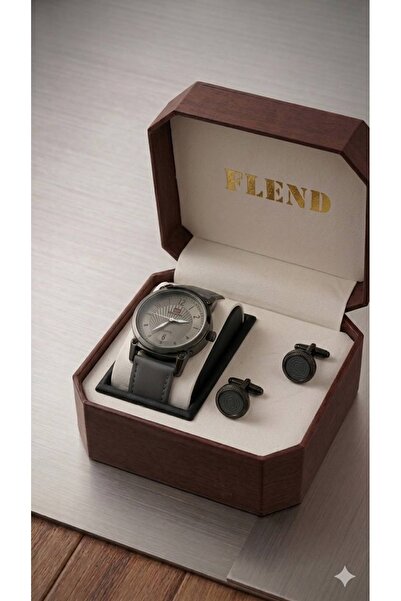 FLEND طقم ساعة جلد هدايا رجالي قطعتين (ساعة+كبك)