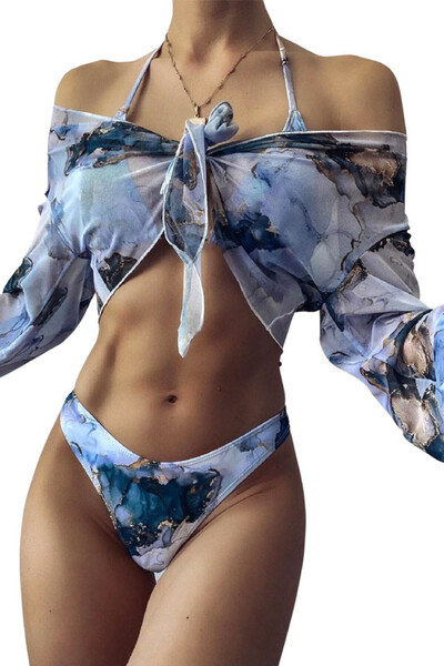 VeeShop Three-piece swimsuit, abstract print, with long-sleeved, semi-sheer top
