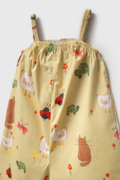 Maya And Luca Little Farm Patterned 100% Cotton Girls Summer Yellow Overalls Salopet