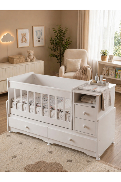 Aktehome Pofy MDF Korkuluklu Çok Amaçlı Büyüyen Bebek Beşiği ve Karyolası