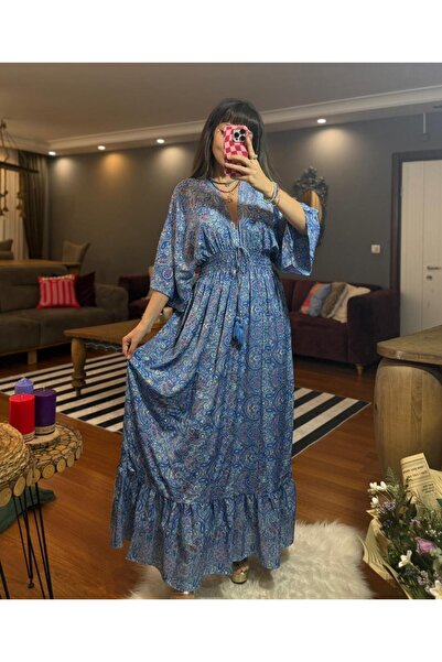 moda gk Shiny Patterned Bohemian Silk Dress with Bead/Embroidery Detail
