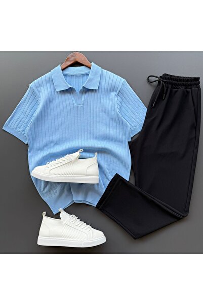 Beylerce Nurse Collar Ribbed Knitwear T-Shirt + Ribbed Trousers 2-Piece Combi...