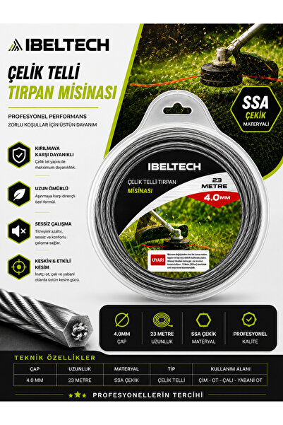 İBELTECH 4.0 mm SSA Çelik Telli Tırpan Misinası 23 Metre