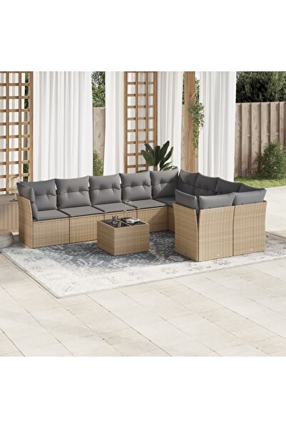 vidaxl Garden sofa set with cushions, 10 pieces, beige, polyrattan