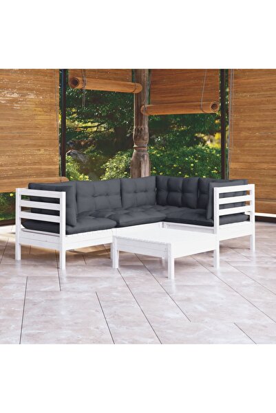vidaxl Set mobilier gradina cu perne, 5 piese, alb, lemn de pin