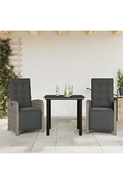 vidaxl Set bistro de gradina cu perne, 3 piese, gri, poliratan