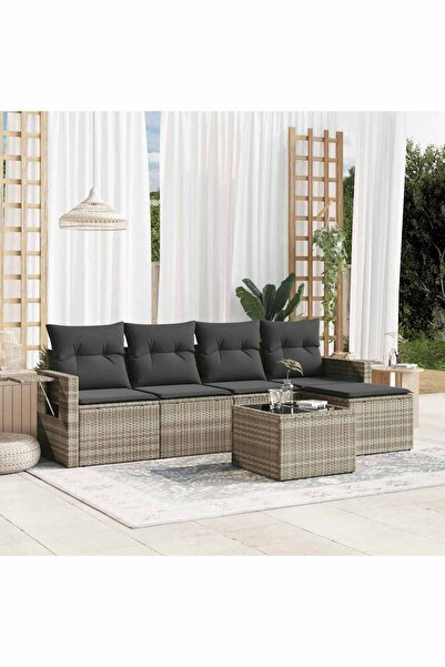 vidaxl Garden sofa set with cushions, 6 pieces, light grey, polyrattan