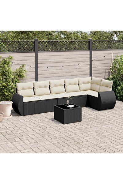 vidaxl Garden sofa set with cushions, 7 pieces, black, polyrattan