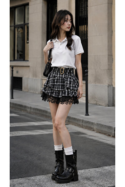 get crazy collection Women's Lace Detailed Belted Plaid Patterned Skirt
