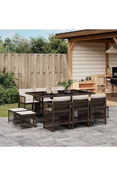 vidaxl Set mobilier de gradina cu perne, 11 piese, maro, poliratan
