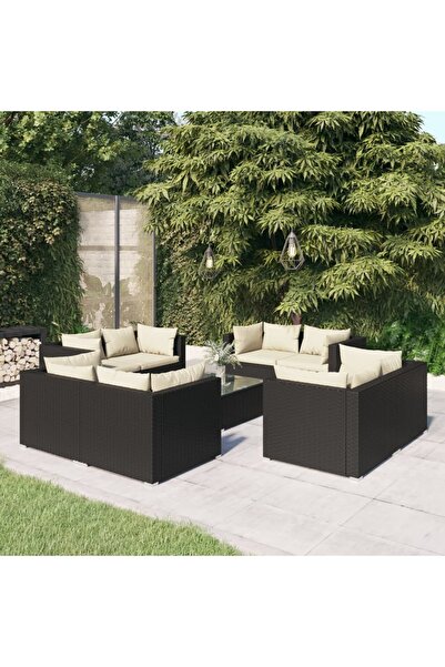 vidaxl Set mobilier de gradina cu perne, 9 piese, negru, poliratan