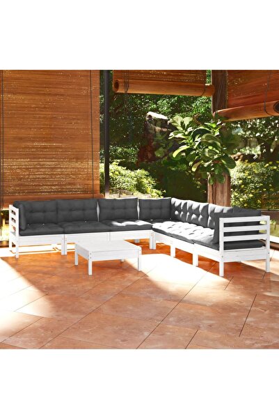 vidaxl Set mobilier de gradina cu perne, 8 piese, alb, lemn masiv pin