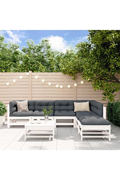vidaxl Set mobilier de gradina, 7 piese, alb, lemn masiv de pin
