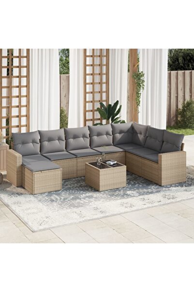 vidaxl Garden sofa set, 9 pieces, with cushions, beige, polyrattan