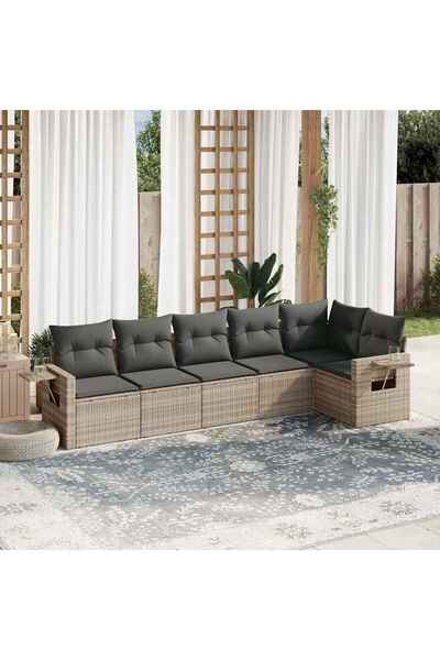 vidaxl Garden sofa set with cushions, 6 pieces, light grey, polyrattan
