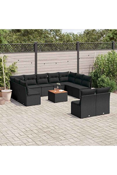 vidaxl Garden sofa set, 12 pieces, with cushions, black, polyrattan